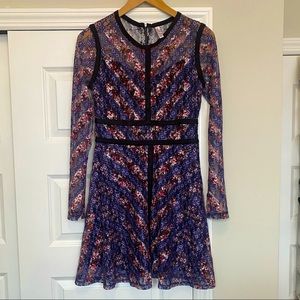 NWOT Xhilaration blue & red Long sleeve dress w/black faux suede details, size M